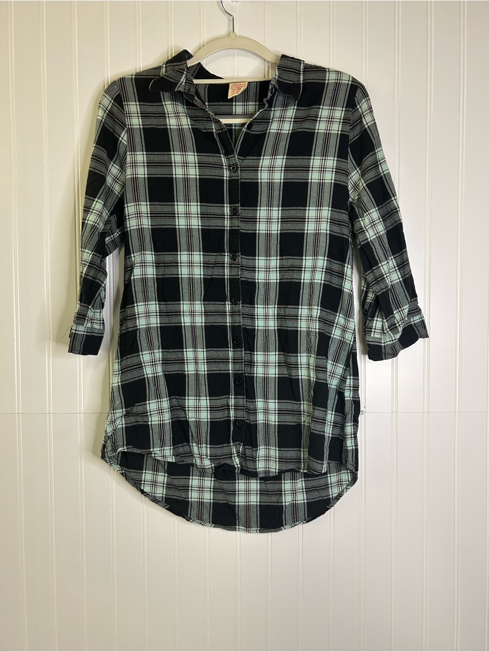 Plaid Button-Front Tunic Shirt Black and Mint Girls XL